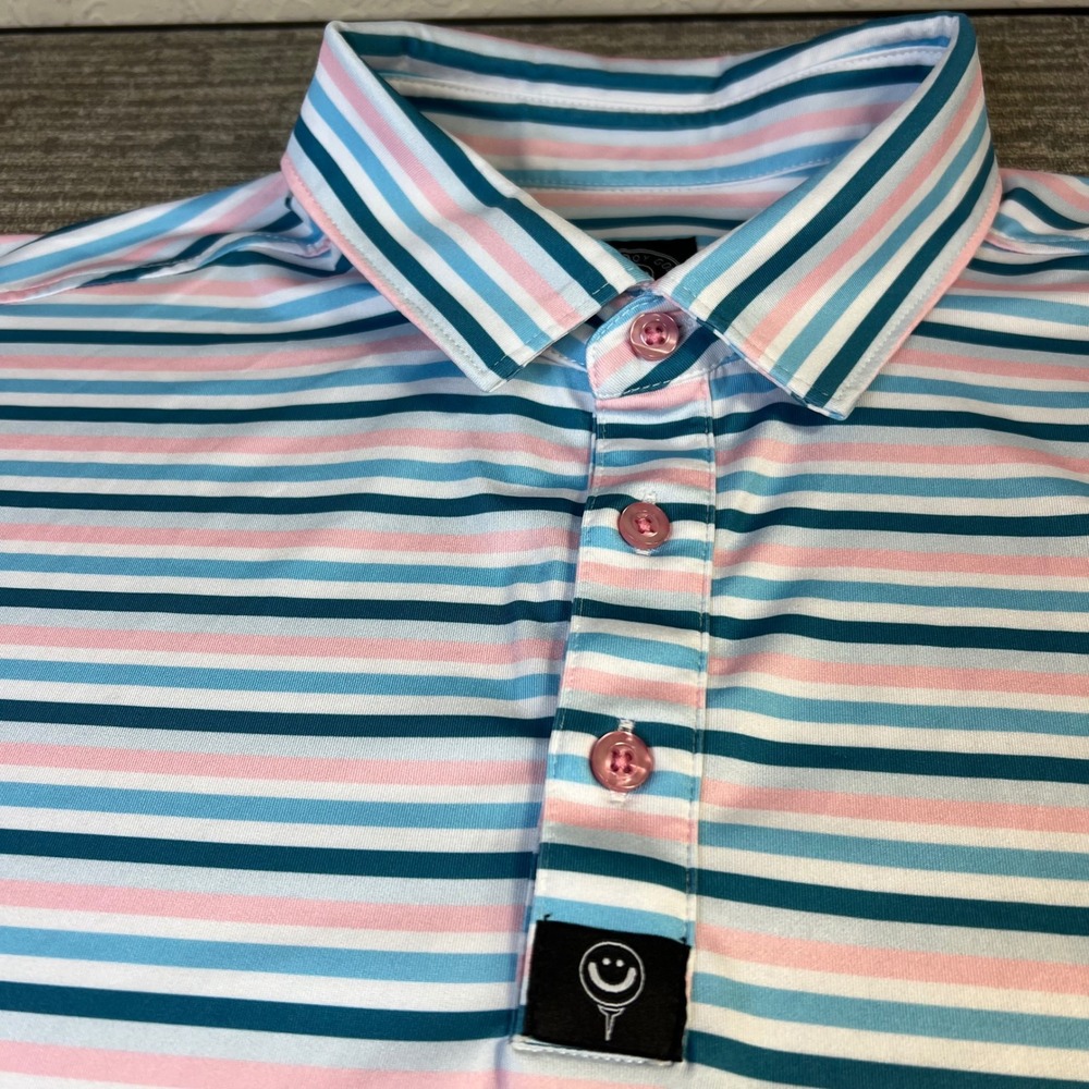 Good Boy Golf Polo Shirt XL Performance  Striped Pink Blue White Short Sleeve